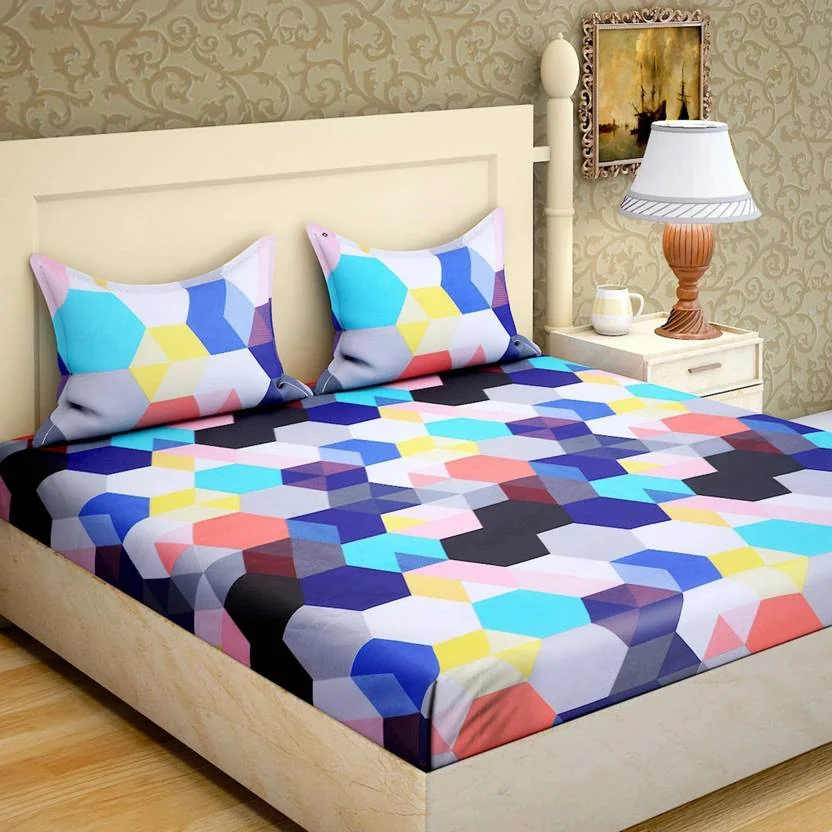 IWS Microfiber Double Flat 144 TC Geometric Bedsheet  (Pack of 1, Multicolor)