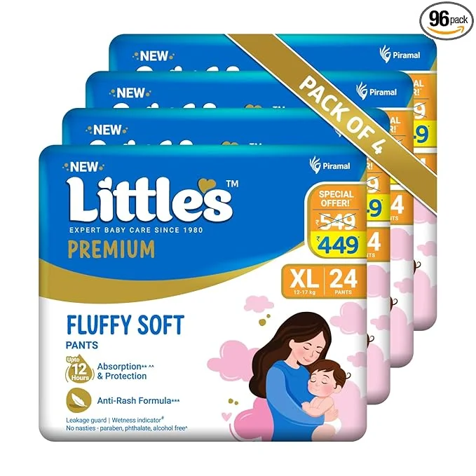 Little's Premium Baby Diapers XL Size (Extra Large) Pants Style | 12-17 kg | 96 Count - Pack of 4 | CottonSoft Baby Diaper with Leakage Guard, Wetness Indicator & 12 Hours Absorption